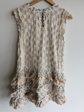 Kitsch & Pop Edition Embroidered Boho Mini Dress Cream Floral Lace Ruffle S/M